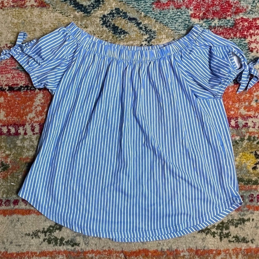 H&M Womens Blouse Blue Striped Off Shoulder Short Sleeve Pullover Size XS